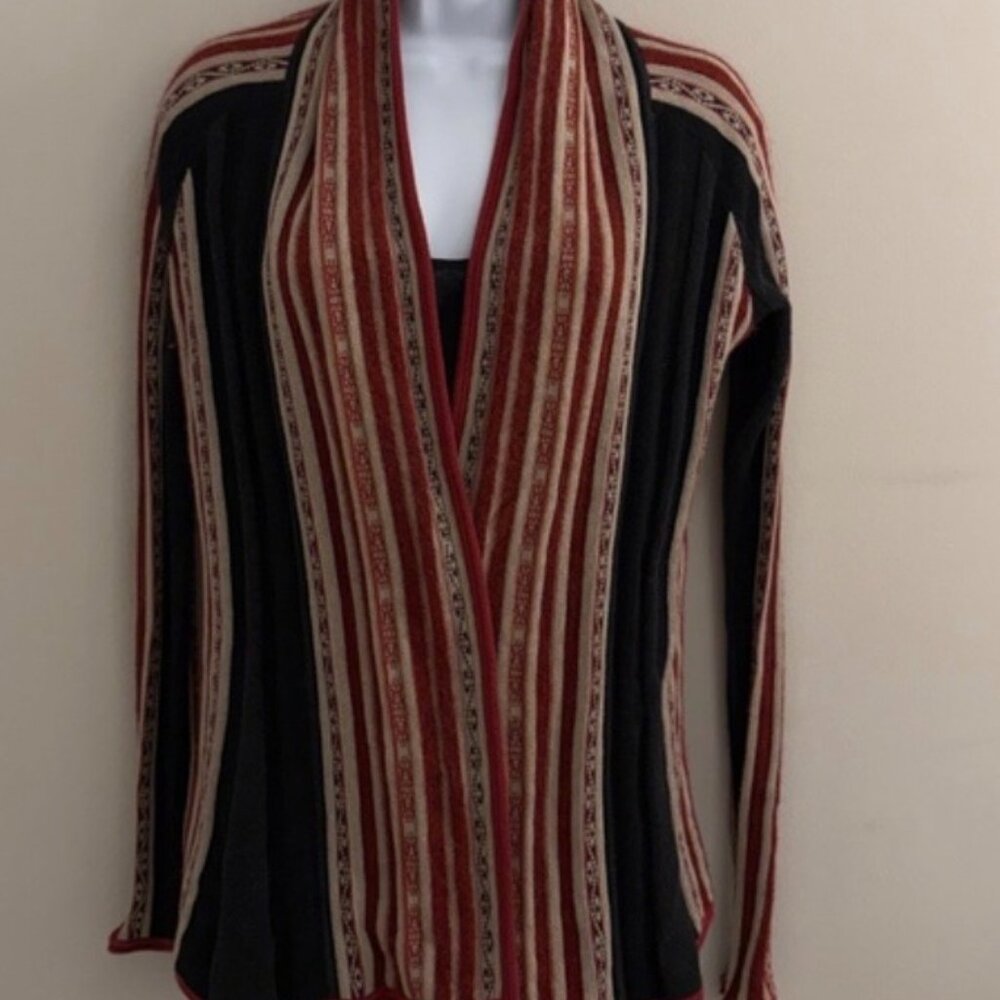 Peruvian Connection Striped  Cardigan Size M - Boho Western - Teal  Burgundy/Tan